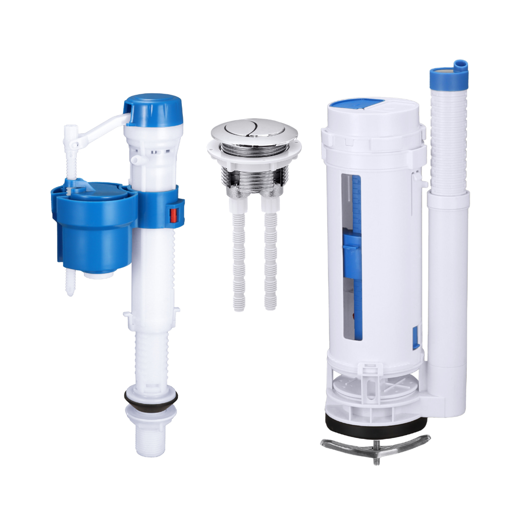 Kit universale di riparazione per WC con valvola di riempimento regolabile e doppio scarico per WC monoblocco.