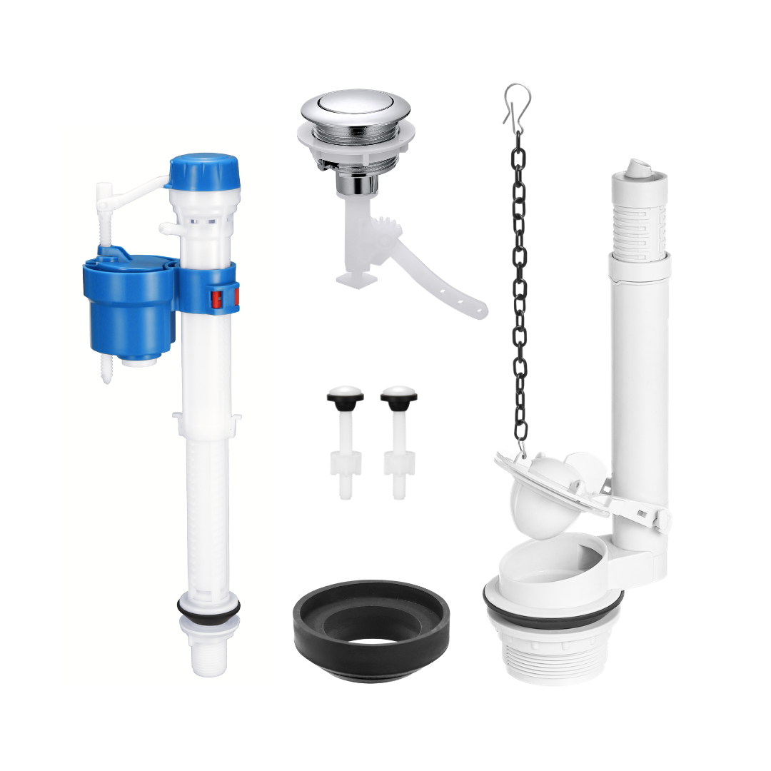 Kit di riparazione per cassetta di scarico WC a due pezzi con valvola di riempimento regolabile e valvola di scarico singola da 2 pollici.