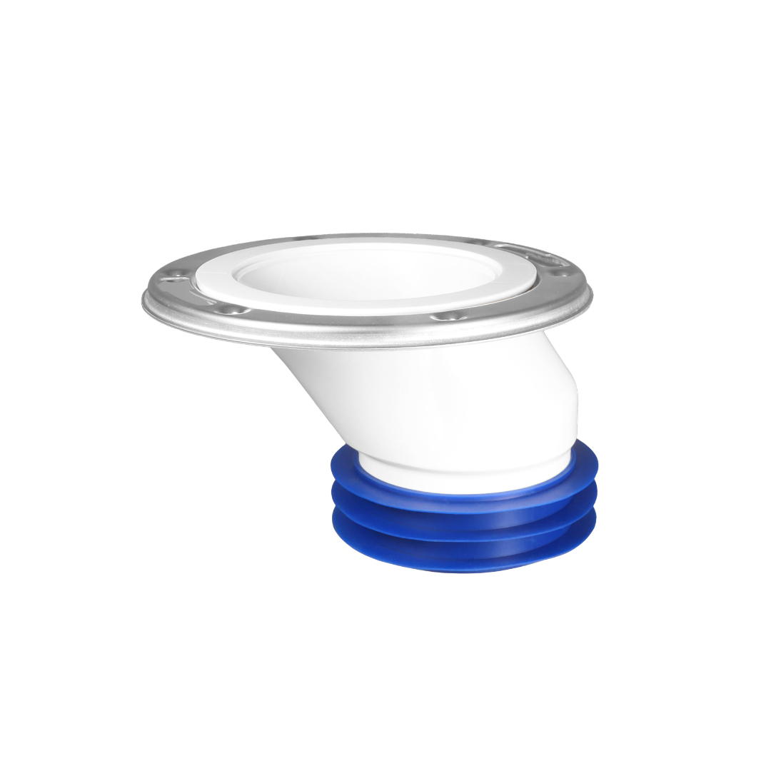 4 inch offset toilet flange adapter with metal ring and blue rubber seal on white background