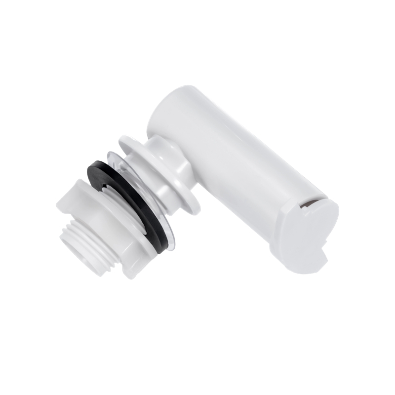 White urinal flush outlet with a threaded inlet, sealing ring and curved water guide
